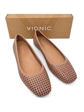 Vionic Orinda Perf Flats Women 8.5 M Mocha Mousse Leather Square Toe Ballet